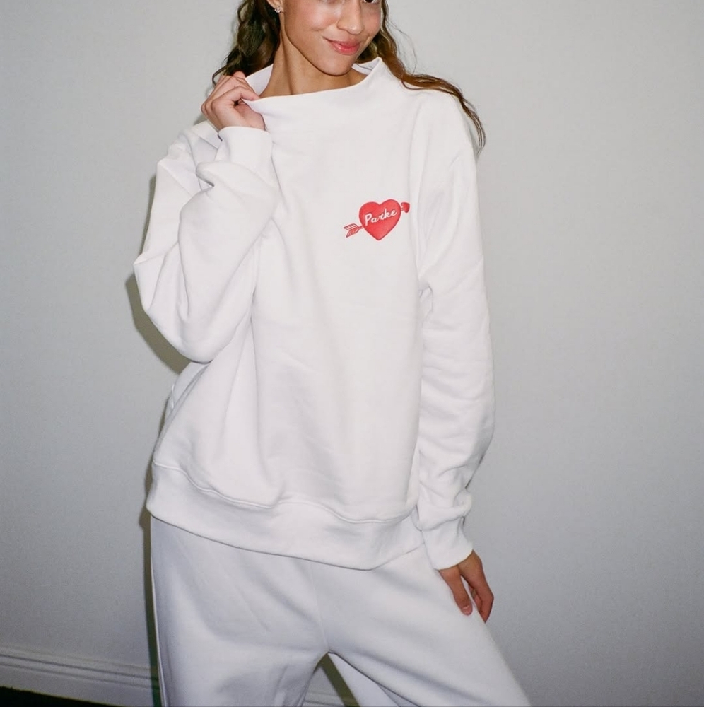 New! Parke White Sweatshirt with Red Heart Detail Cupid Mockneck